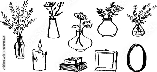 Black and white sketch collection of vases and decorative elements