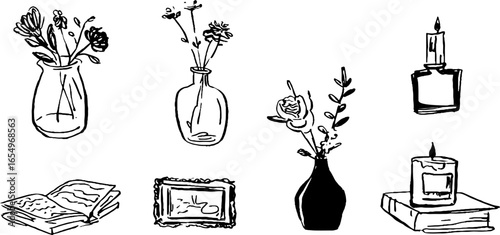 Black and white sketch collection of vases and candles for creative design projects
