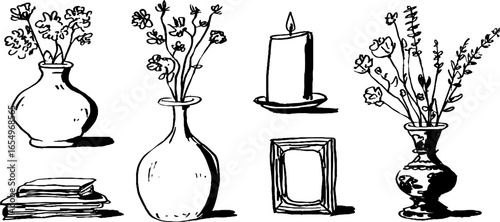 Hand-drawn black and white sketch collection of vases, flowers, candle, and frame for artistic design