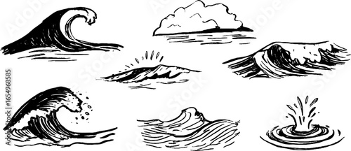 Black and white ocean wave sketches collection for nautical design and art