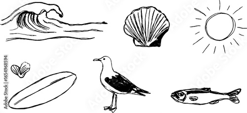 Black and white hand-drawn sketch set of waves, shells, and sea life for design projects