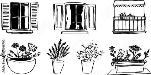 Hand-drawn black and white sketch collection of windows and balcony with plants