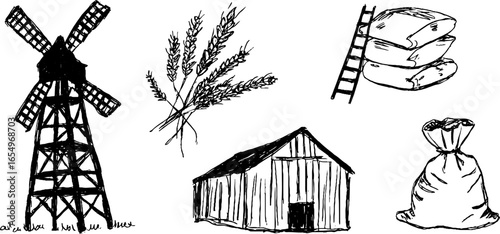 Vintage black and white sketch set of windmill and farm elements for creative design