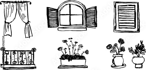Black and white sketch illustrations of windows and plants for creative design