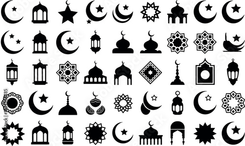 Collection of islamic symbols and motifs featuring crescent moons stars lanterns and mosque silhouettes