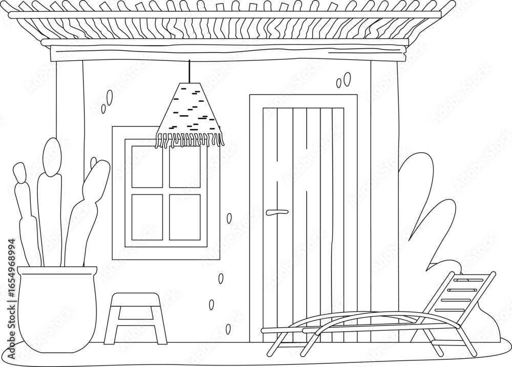 Fototapeta premium Wooden beach house black-and-white vector illustration