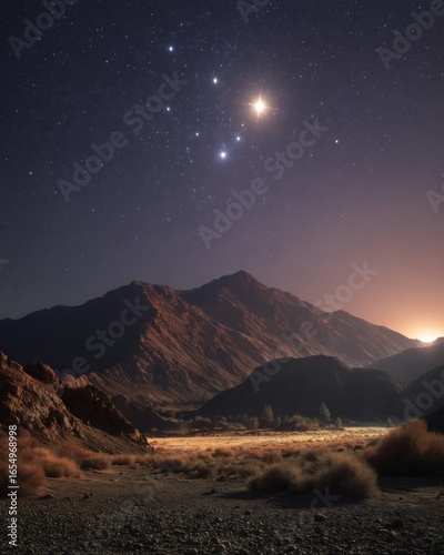 Night landscape with mountains and stars, wide angle view of desert valley under starry sky, scenic vista of nature at dusk, outdoor adventure