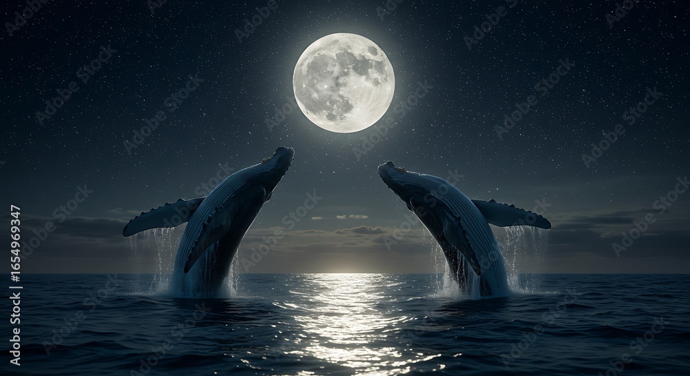 Fototapeta premium Two humpback whales breaching the ocean surface under a full moon at night, creating a magical and serene atmosphere.