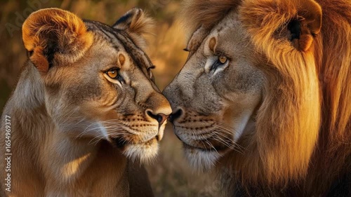 Lion and lioness close-up, face to face, near touching noses, in warm, soft light