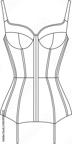 Strappy Corset with Garter Straps | Technical Fashion Illustration | Flat Apparel Template CAD | Front View