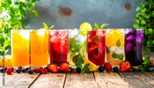 Colorful iced drinks on a wooden table