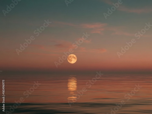 Full moon rising over calm ocean water at dusk in tranquil scene with reflection and soft pastel colors in nature photography