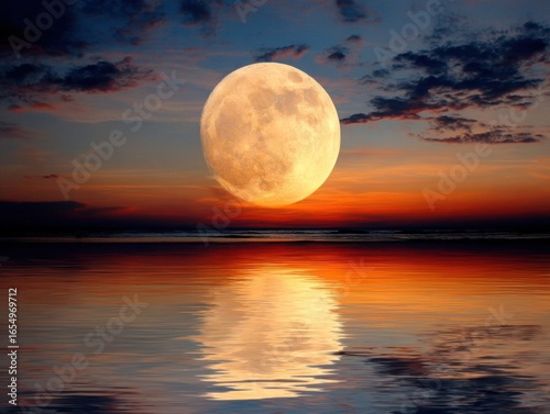 Full moon rising over the ocean at sunset reflecting on the water surface in a scenic landscape view from eye level
