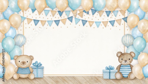 Cute pastel sketch of two teddy bears with balloons, bunting, and gifts framing a blank wooden floor background—ideal for baby shower or kids party invitations.