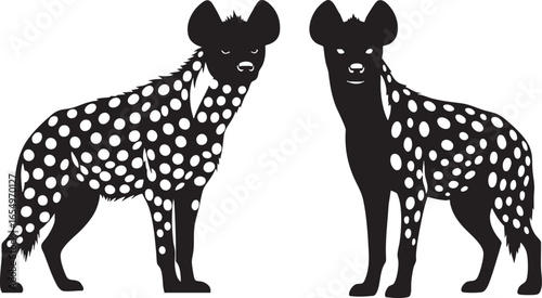 Two spotted hyenas in silhouette on white background, hyena, spotted hyena, animal, wildlife, predator, carnivore, mammal, african animal, wild animal, nature, savanna, africa, silhouette, black and w