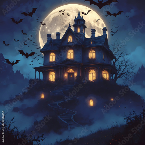 Spooky Haunted House Under Full Moon