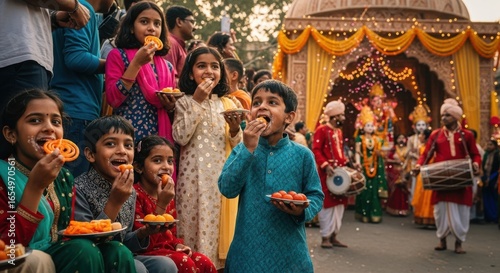 Children enjoying Indian festival sweets outdoors