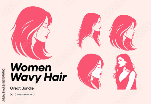 Women with wavy hair styles collection with transparent background