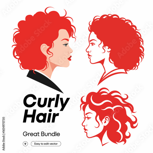 Curly hair profiles in red with transparent background