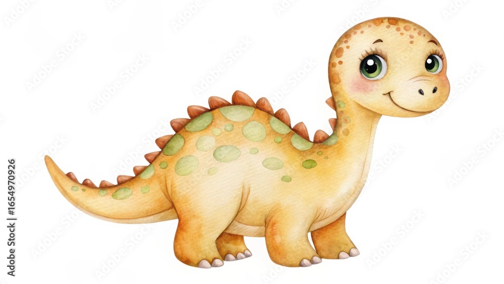 Obraz premium Cute watercolor cartoon dinosaur with green spots and a friendly smile, perfect for children's decor, nursery art, and playful design projects.