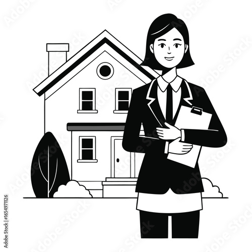 Real Estate Agent Illustration Showing a House with a Tree in Black and White Style, Vector Art