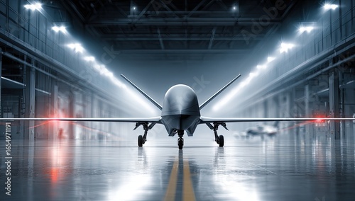 Futuristic drone in a large hangar