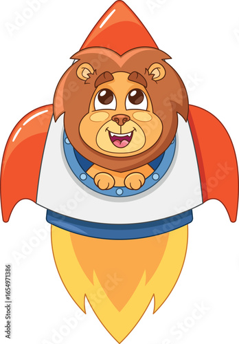 Cute lion flying cosmic spaceship