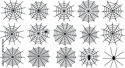 Collection of intricate hand drawn spiderwebs with varying designs and a few spiders scattered throughout