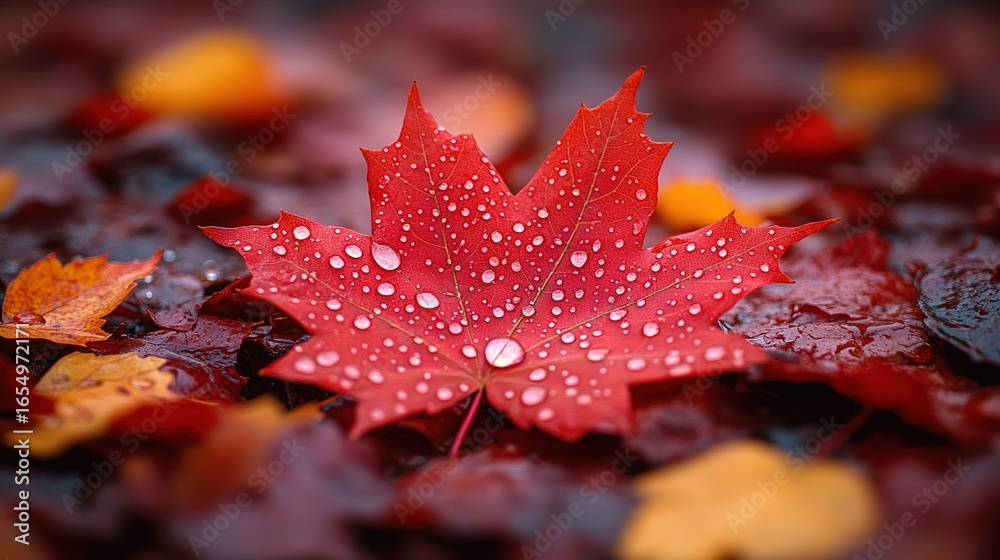 Macro dewdrop on falling maple leaf with lower-left composition, minimalist illustration for autumn wallpapers, seasonal posters, and nature education materials Macro dewdrop on falling maple leaf with lower-left composition, minimalist illustration for autumn wallpapers, seasonal posters, and nature education materials