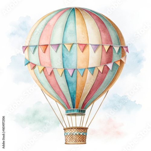 Pastel watercolor illustration of a vintage hot air balloon with bunting, wicker basket, and soft sky background.