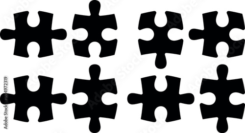 collection of eight black jigsaw puzzle pieces arranged in two rows on a white background