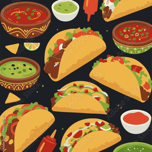 Taco pattern with assorted fillings and sauces on dark background.