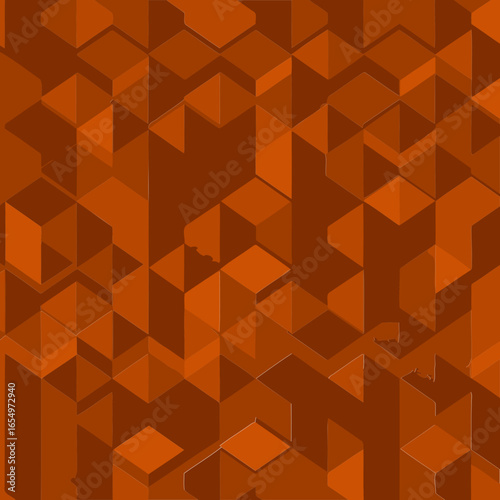 Abstract geometric pattern of interlocking cubes in a deep burnt orange hue. Repeating design with a three-dimensional effect.