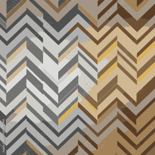 Abstract geometric pattern with gray and gold chevron design. Modern, minimalist design for interior wall. Abstract + designer with interior design firm. showcasing modern art.