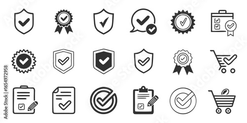 Approval And Verification Icons Including Shields Checkmarks Awards And Shopping Cart check mark tick