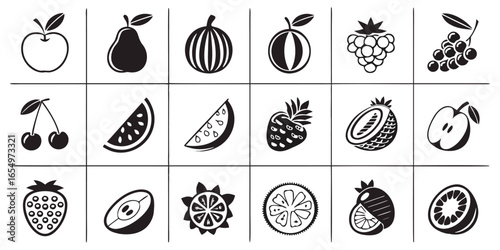 Assortment of black and white fruit icons arranged in a grid apple pear
