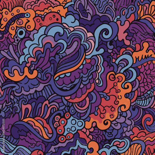 Abstract vibrant pattern with multicolored swirls and shapes. Intricate design with a mix of deep purples, oranges, reds, and blues.