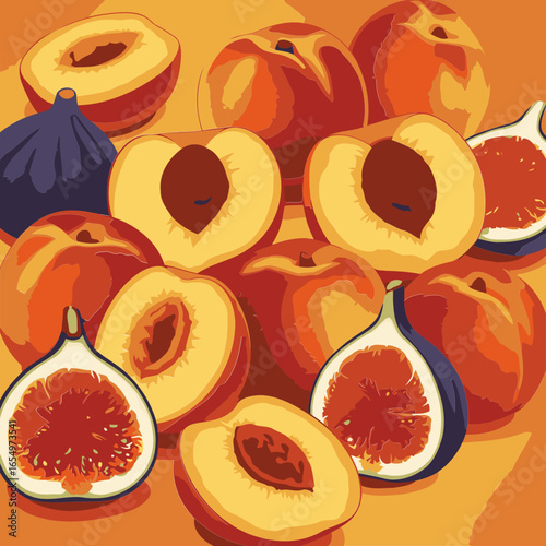 Fresh peaches and figs displayed in slices, ideal for a food promotional image. A vibrant array of whole and sliced peaches and figs presented on a warm, sunny backdrop.