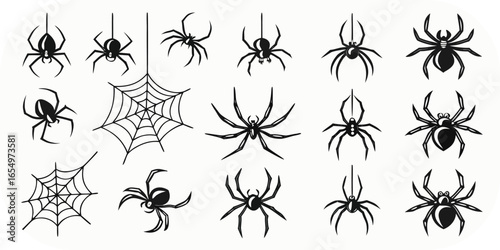 Assortment of spiders and spiderwebs in black silhouette on white vector illustration