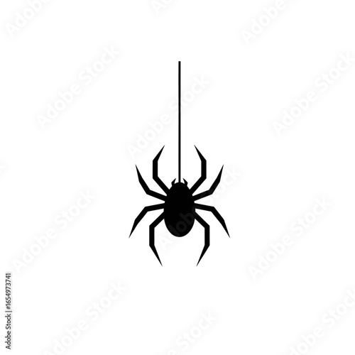 Black Silhouette Spider Hanging from a Single Thin Thread Halloween Icon.