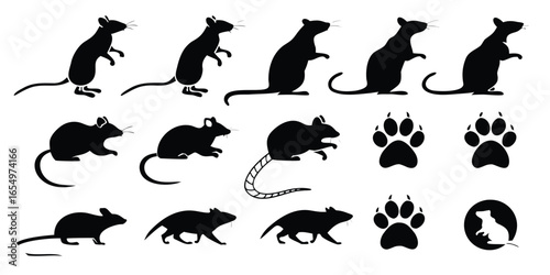 Collection of black silhouette mice and paw prints on a white background mouse rodent