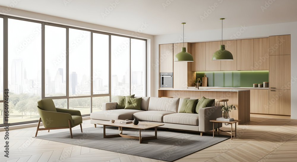 Fototapeta premium Modern apartment living room design with open kitchen showcasing natural wood and green accents perfect for real estate listings and interior design magazines