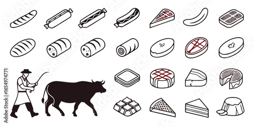 Collection of food icons and silhouettes of a butcher and cow meat steak