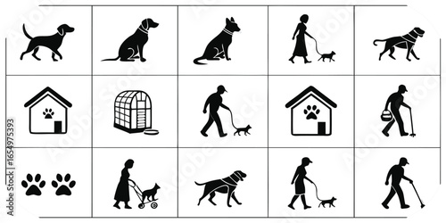 Dog walking and care icons featuring silhouettes of dogs and people animal canine
