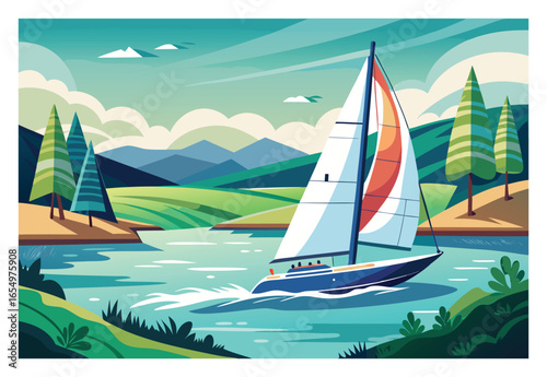 Sailboat gliding across the serene waters with lush green landscape illustration vibrant adventure