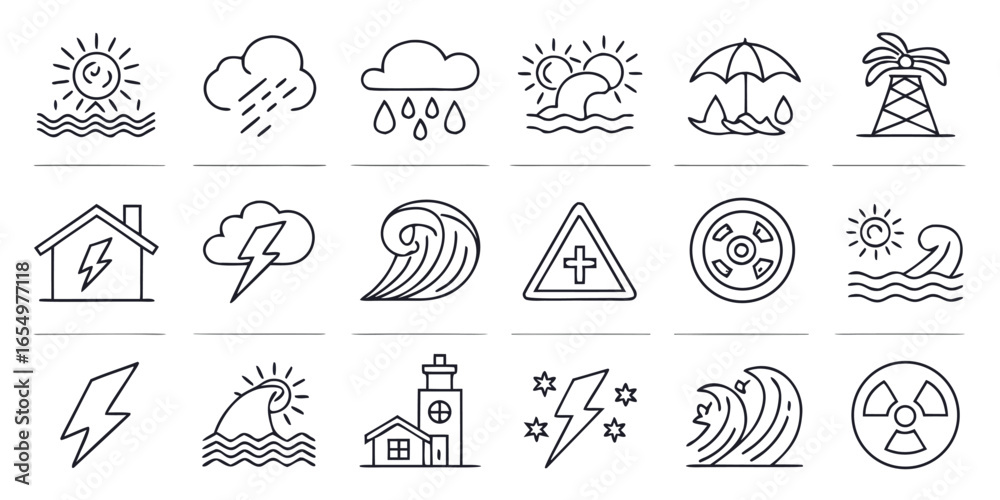 Obraz premium Natural Disaster and Weather Icons Including Sun Rain Storms and Waves climate