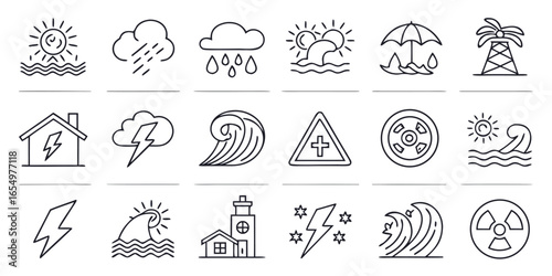 Natural Disaster and Weather Icons Including Sun Rain Storms and Waves climate