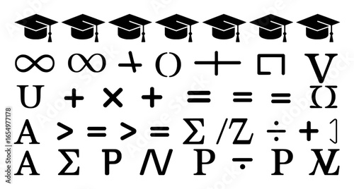 Black Graduation Caps and Mathematical Symbols on White Background mortarboard academic