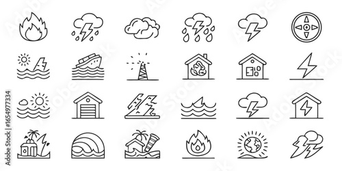 Natural Disaster and Weather Icons Showing Fire Storms Floods and Earthquakes climate