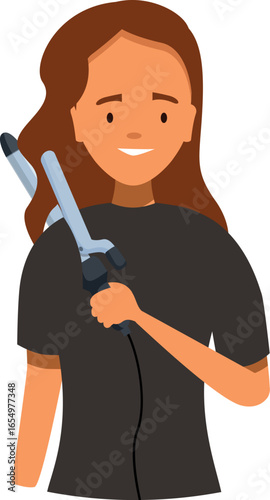 Hairdresser holding a curling iron, smiling, ready to style hair in a salon